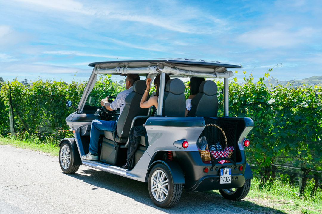 Quadriciclo elettrico 4 posti Alba 4SC omologato stradale, su percorso turistico nelle Langhe tra vigneti verdi, con a bordo una guida, noleggio veicolo con conducente, e due giovani ragazze turiste con un cesto da pic nic riposto nel vano portaoggetti posteriore.